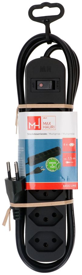 Steckdosenleiste Basic Line 6x Typ 13 sw Schalter 1.5m Green+Fair