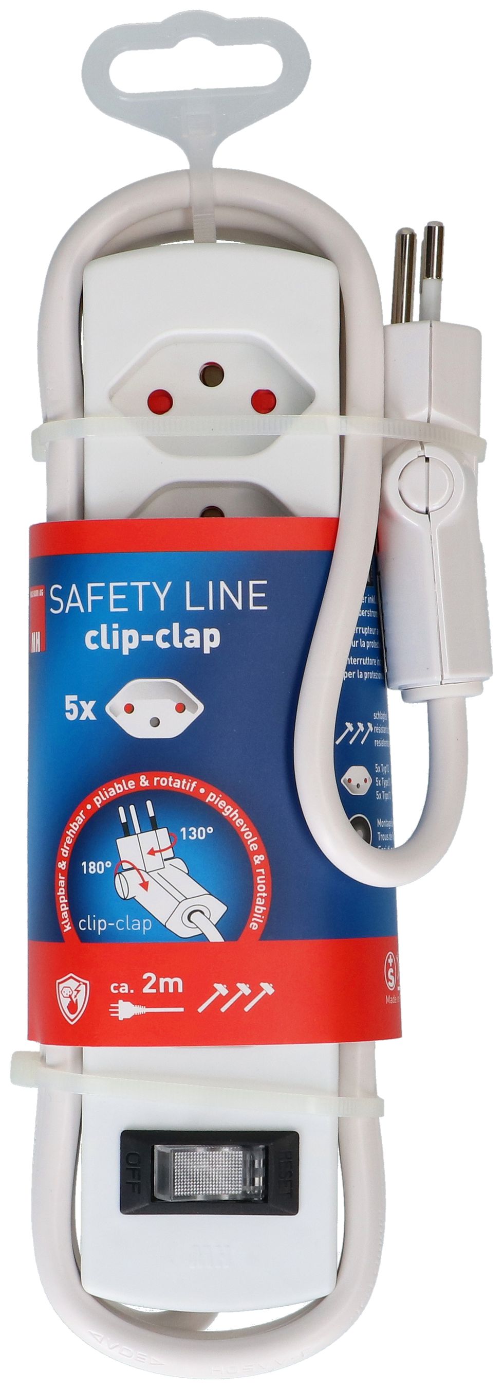 multiprise Safety Line 5x type 13 BS blanc interrupteur 2m cli.