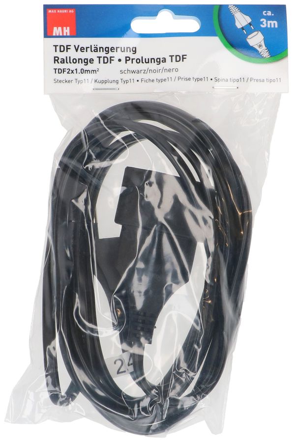 TDF-Verlängerung H05VVH2-F2X1.0 3m schwarz BS Typ 11 / Typ 11
