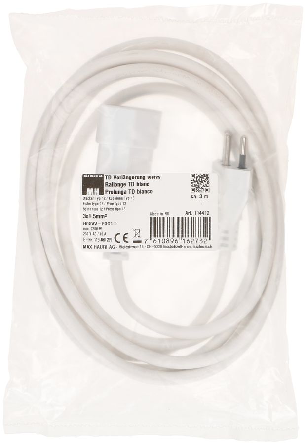 TD-Verlängerung H05VV-F3G1.5 3m weiss Typ 12 / Typ 13