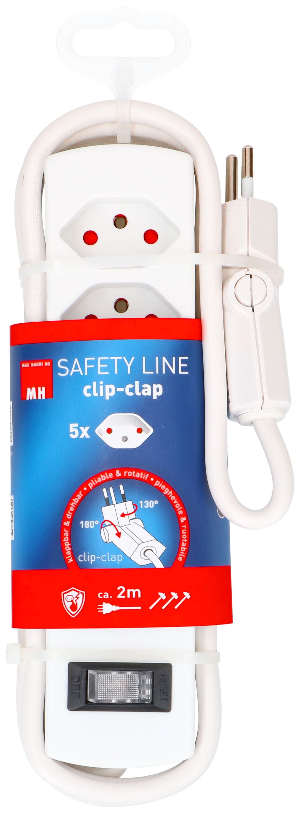 multipresa Safety Line 5x tipo 13 BS bianco interruttore 2m cli.