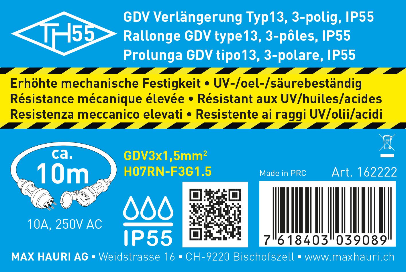 IP55 rallonge GDV H07RN-F3G1.5 10m noir type 13 / type 13