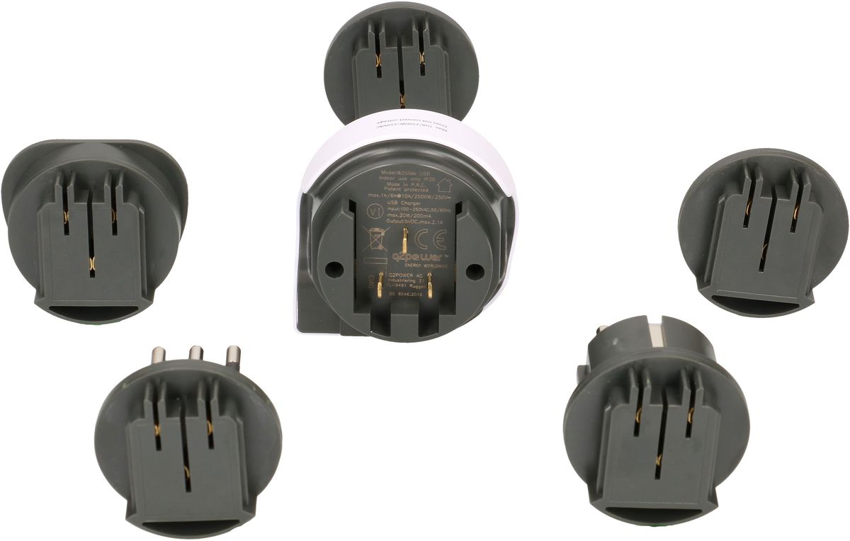 Weltreiseadapter QPlux USB Wold to CN/AUS, UK, Schuko, I, USA