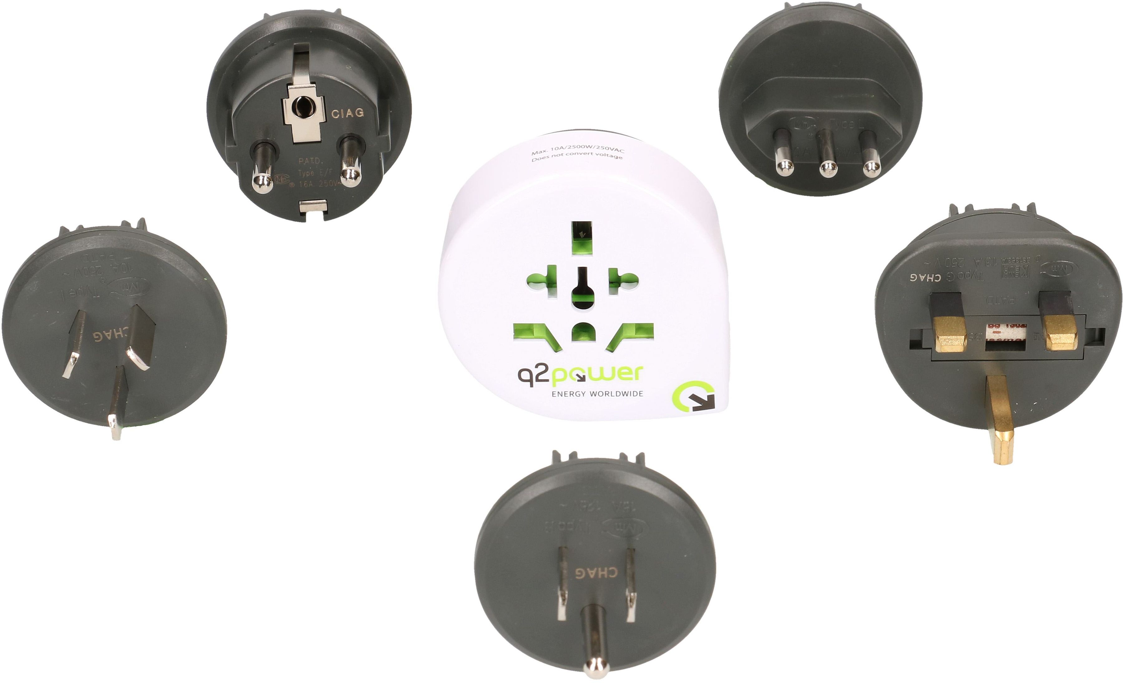 Weltreiseadapter QPlux USB Wold to CN/AUS, UK, Schuko, I, USA