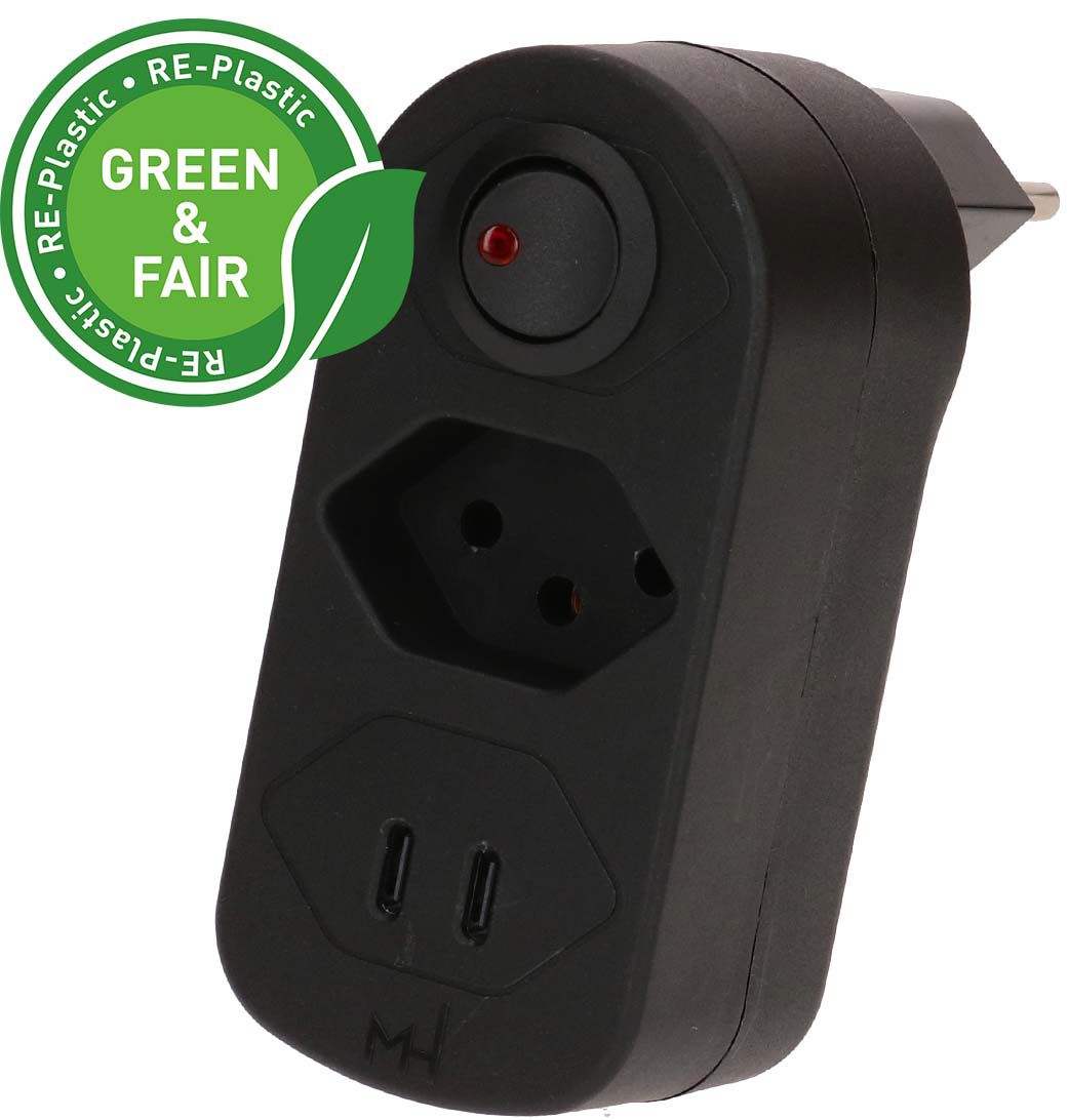 Abzweigstecker ADAPT 1x Typ 13 USB-C/C 20W sw drehbar Green+Fair
