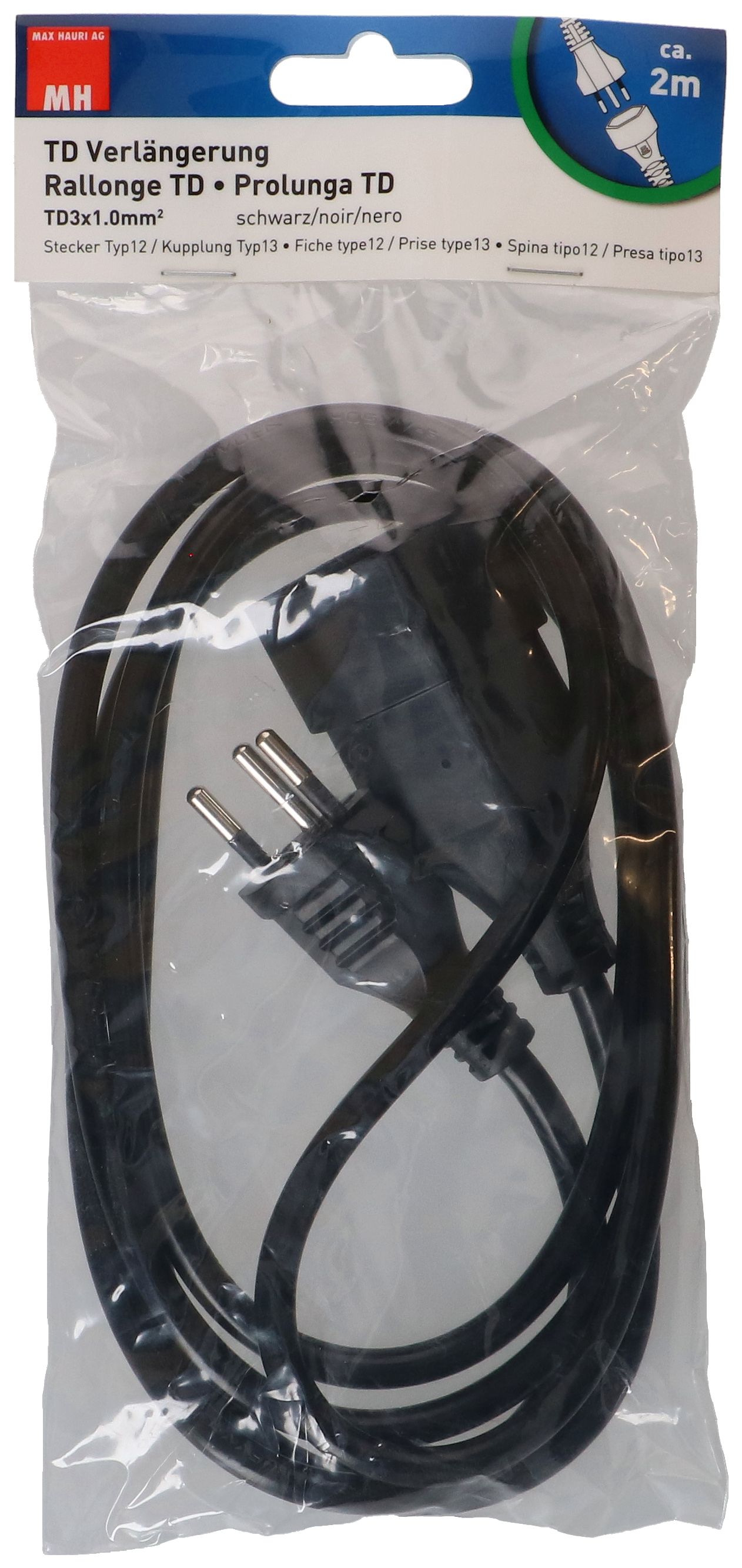 Prolunga TD H05VV-F3G1.0 2m nero BS tipo 12 / tipo 13