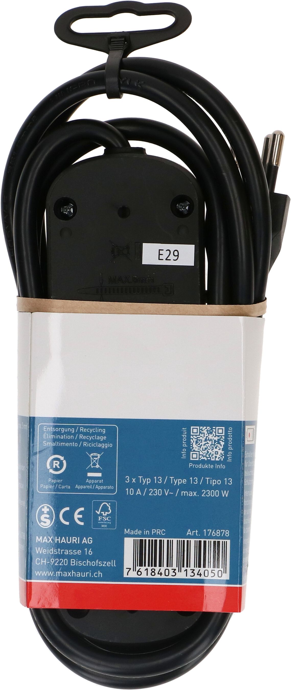 Steckdosenleiste Basic Line 3x Typ 13 sw Schalter 1.5m Green+Fair