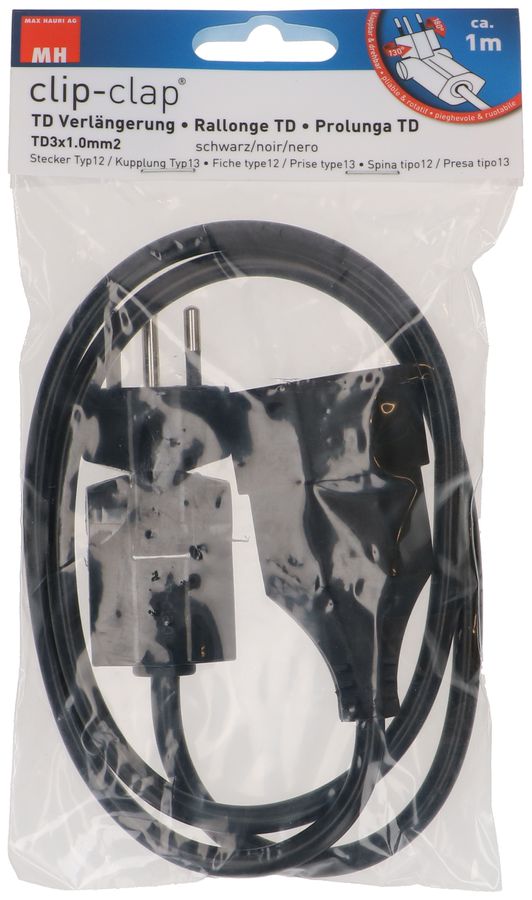 Rallonge TD H05VV-F3G1.0 1m noir clip-clap BS type 12 / type 13