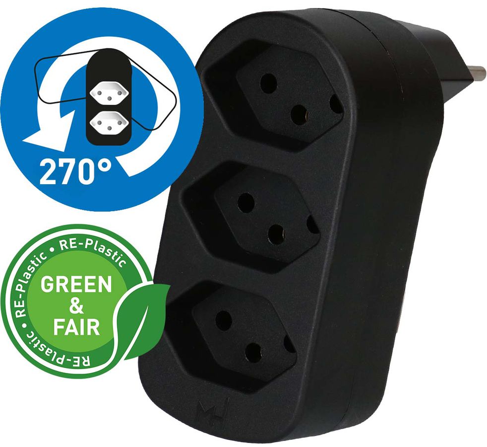 multi adaptateur ADAPT 3x type 13 noir rotatif Green+Fair