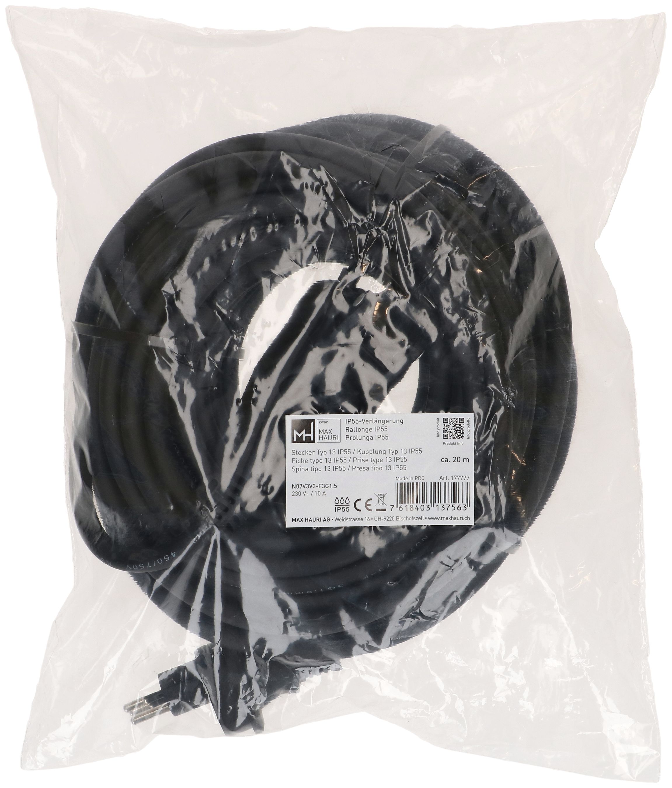 IP55 rallonge N07V3V3-F3G1.5 20m noir type 13 / type 13