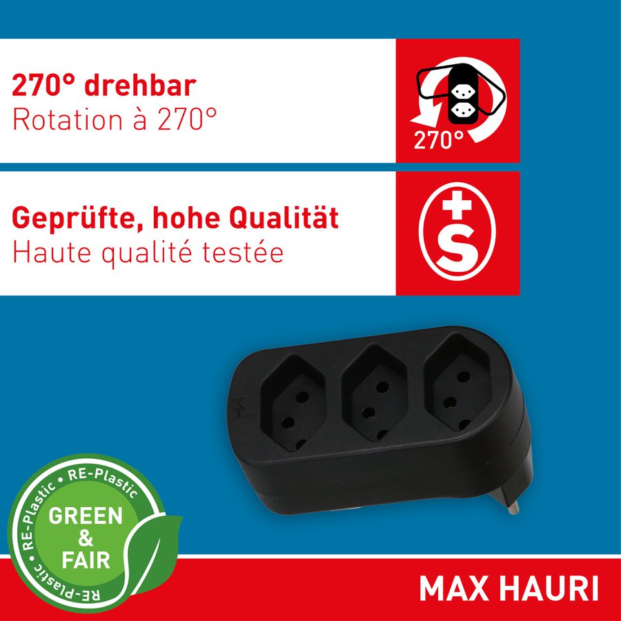multi adaptateur ADAPT 3x type 13 noir rotatif Green+Fair