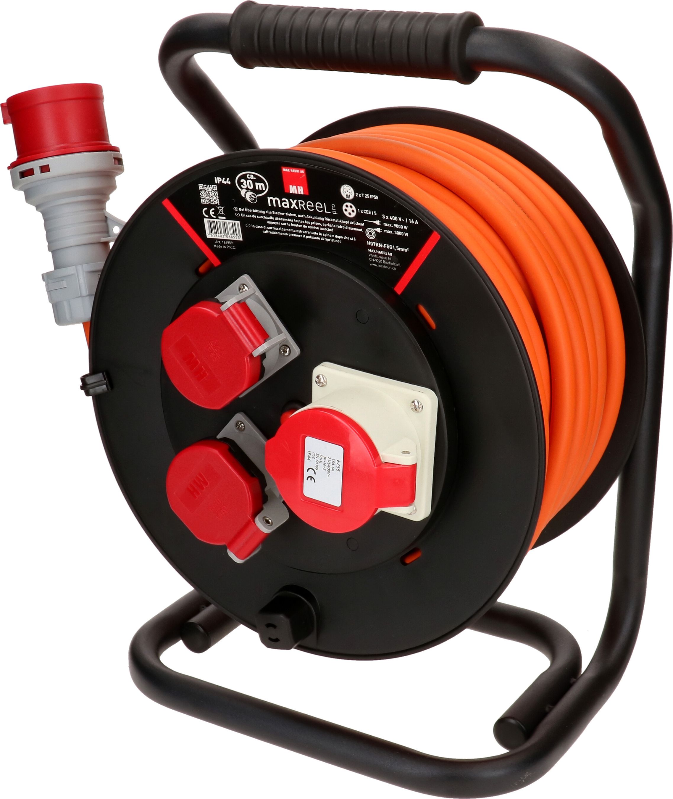 Kabelrolle IP44 2x Typ 25 IP55, 1x CEE16 -5 30m schwarz, orange