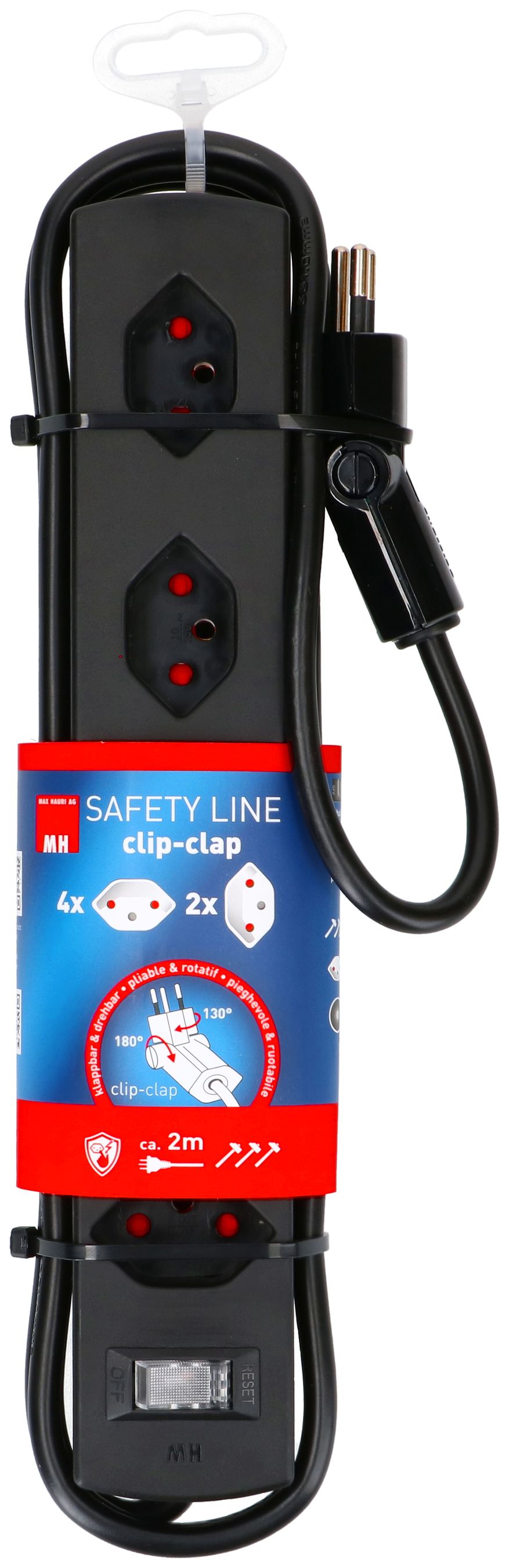 multiprise Safety Line 6x type 13 2x 90° BS noir interr. 2m cli.