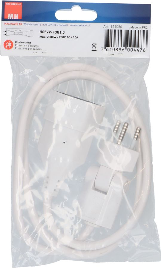 Rallonge TD H05VV-F3G1.0 1m blanc clip-clap type 12 / type 13