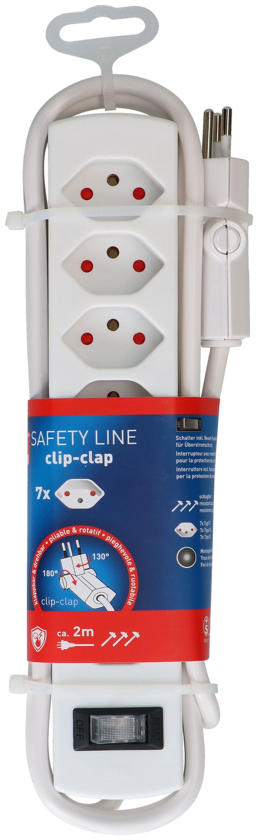 multiprise Safety Line 7x type 13 BS blanc interrupteur 2m cli.