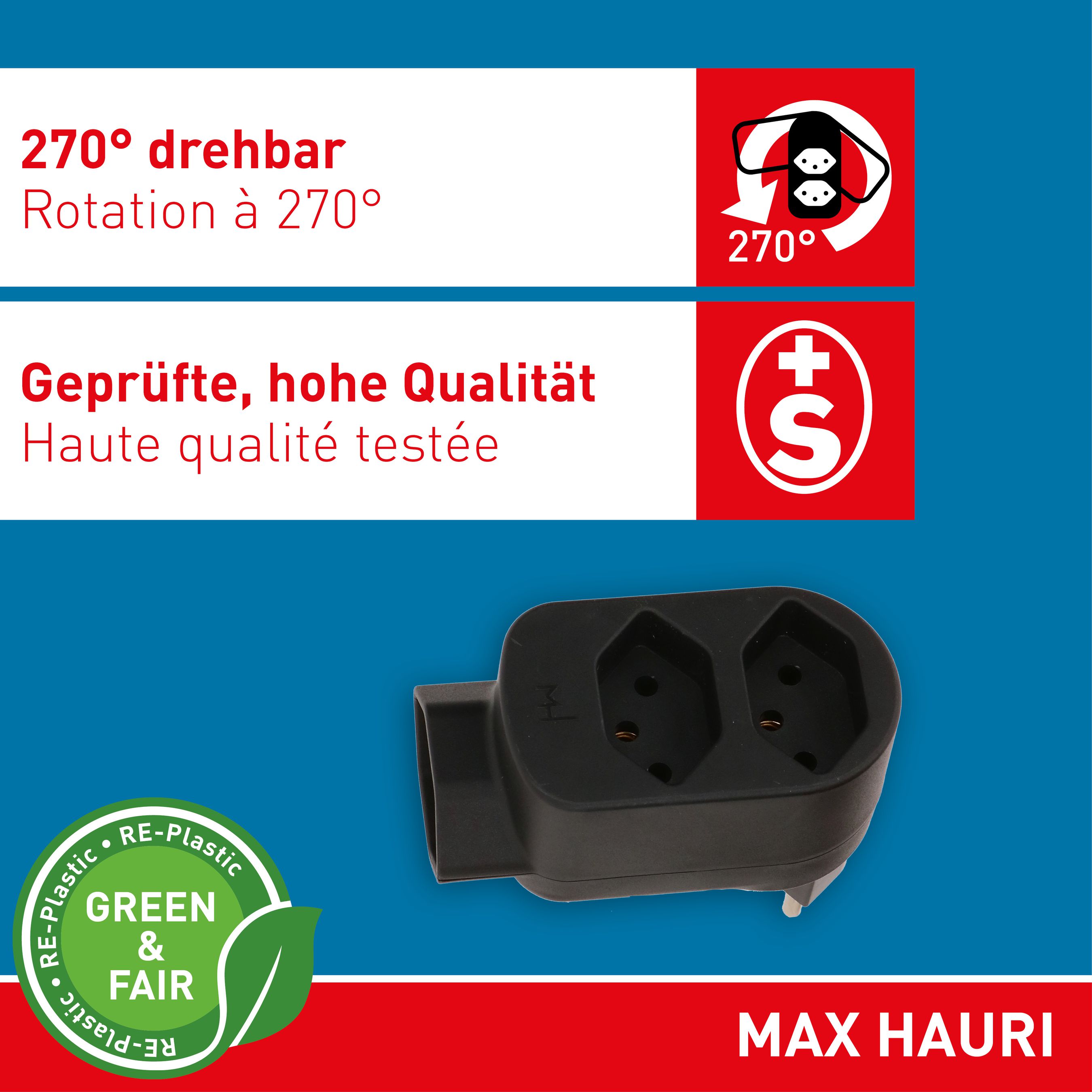 Abzweigstecker ADAPT 2+1x Typ 13 schwarz drehbar Green+Fair
