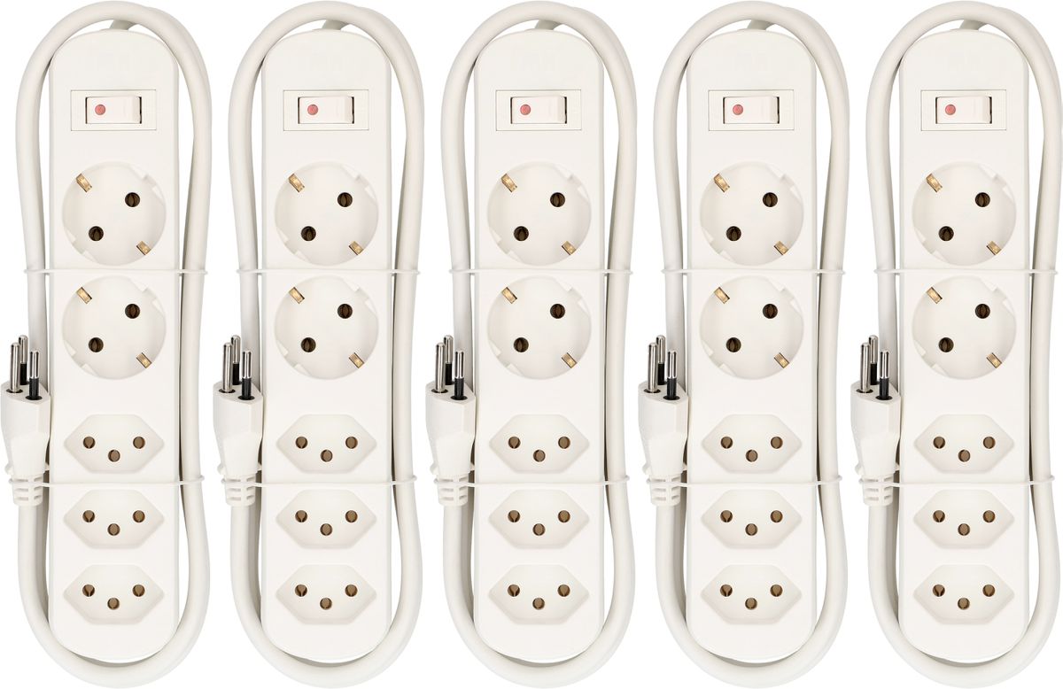 set di 5 multip. Basic Line 3x tipo 13 / 2x Schuko bi inter. 1.5m