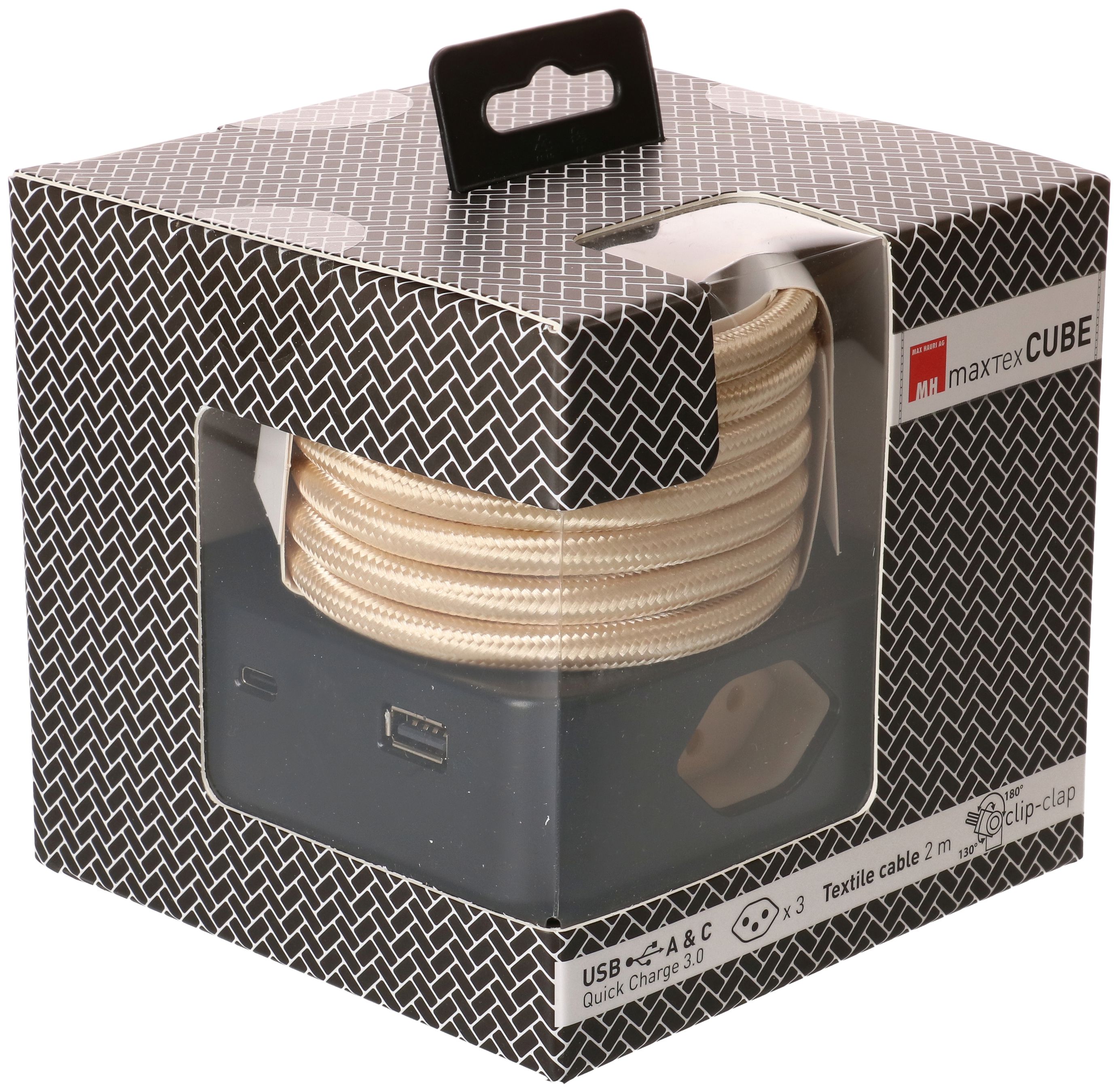 Steckdosenleiste Cube 3x Typ 13 schwarz / gold Sand USB 2m cli.