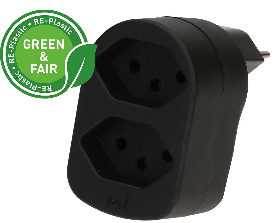 Abzweigstecker ADAPT 2x Typ 13 schwarz drehbar Green+Fair