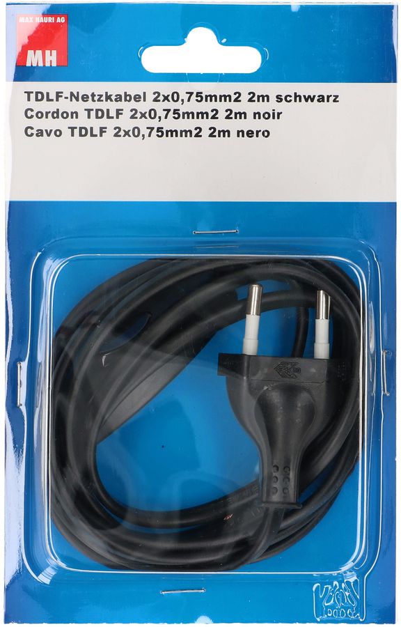 TDLF-Netzkabel H03VVH2-F2X0.75 2m schwarz Schalter T26