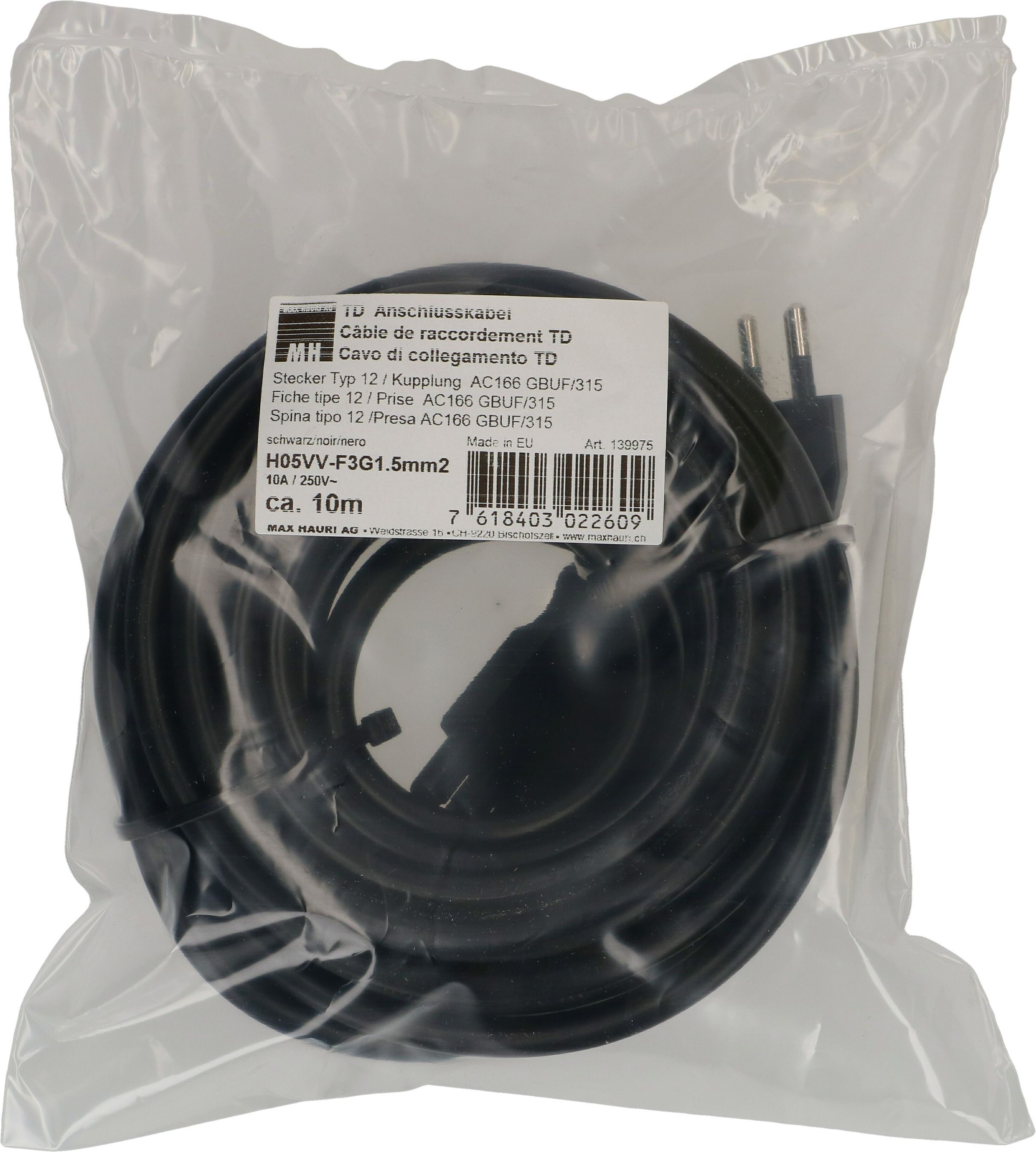 câble de raccordement TD H05VV-F3G1.5 10m noir type 12 / AC 166