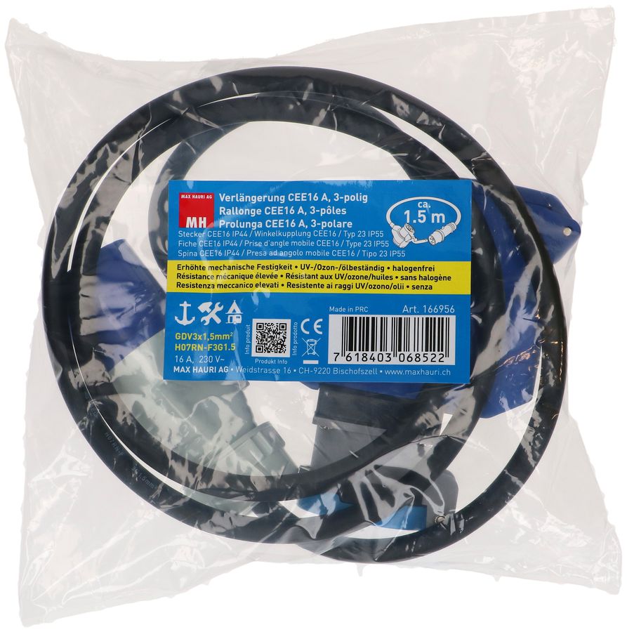 CEE-Verlänger. H07RN-F3G1.5 1.5m sw CEE16-3/CEE16-3 +Typ 23 IP55