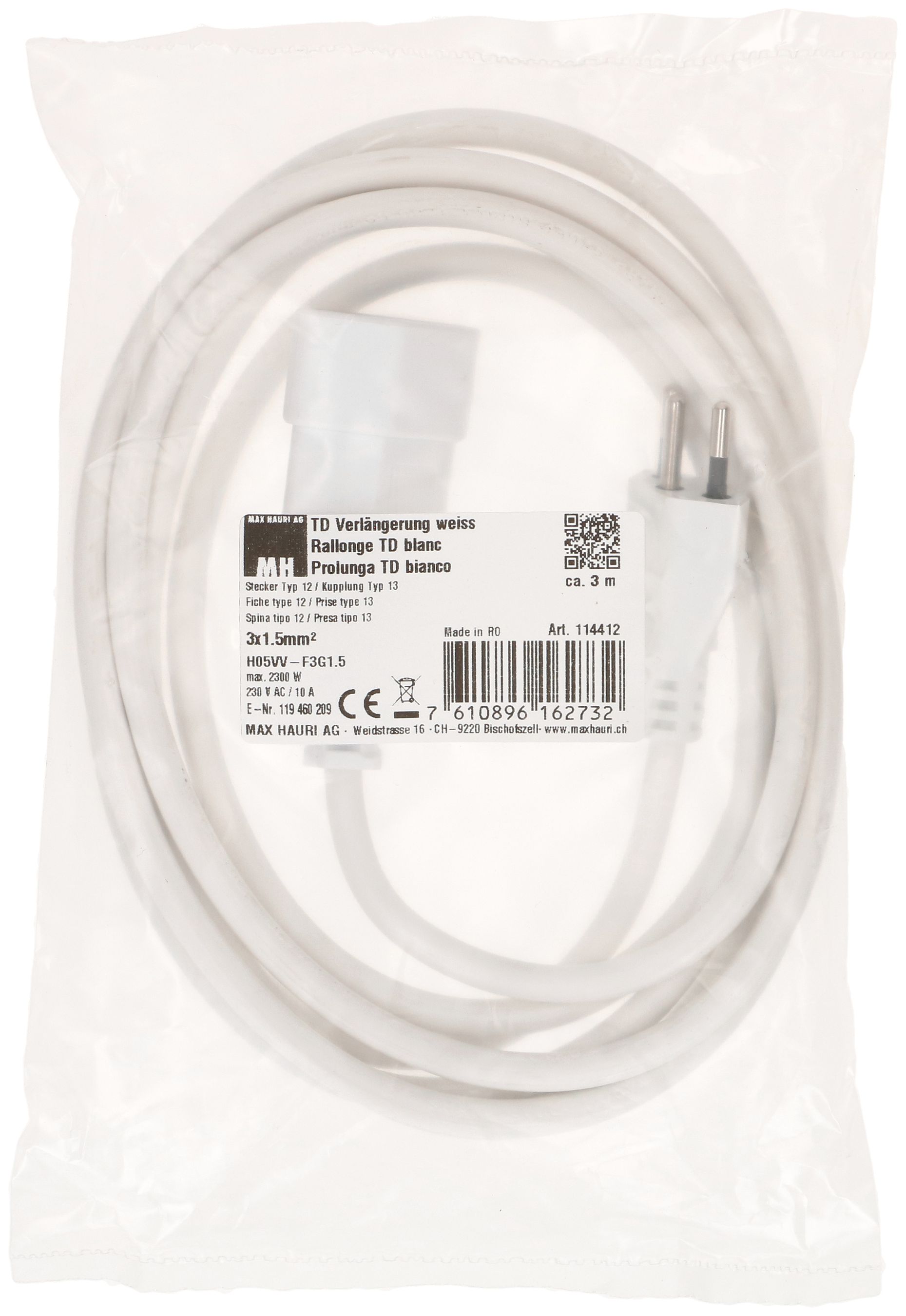 TD-Verlängerung H05VV-F3G1.5 3m weiss Typ 12 / Typ 13
