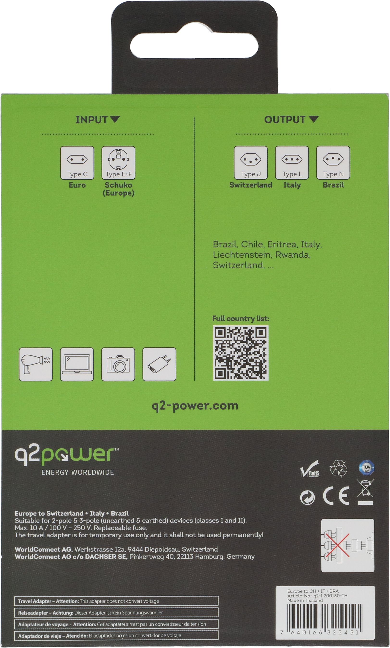 Q2 Power Europe Adapter CH+IT+BRA