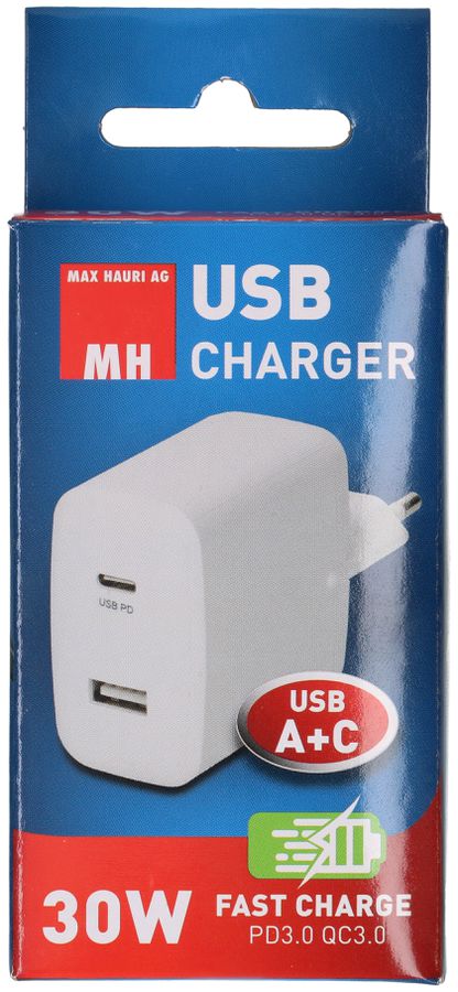 adaptateur de charge rapide USB 1x USB-C PD 1x USB-A 30W blanc