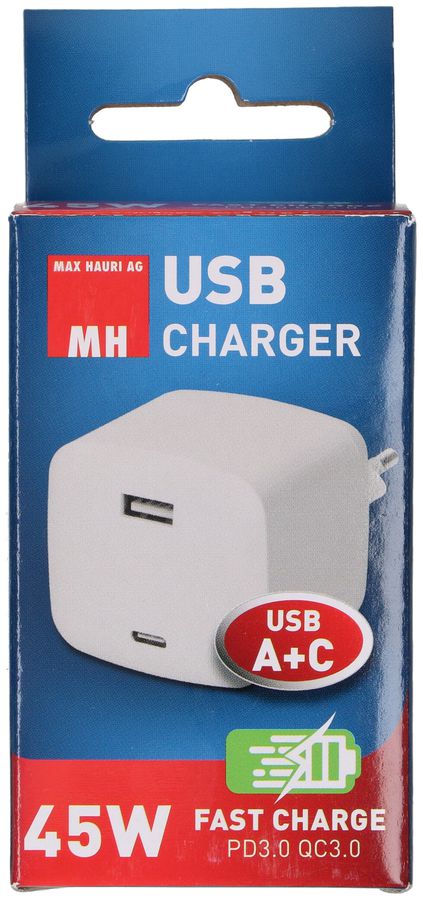 USB Schnellladeadapter 1x USB-C PD 1x USB-A 45W weiss