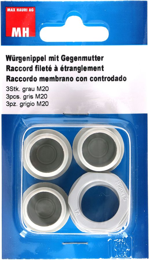 Würgenippel M20 grau mit Gegenmutter / 3 Stück