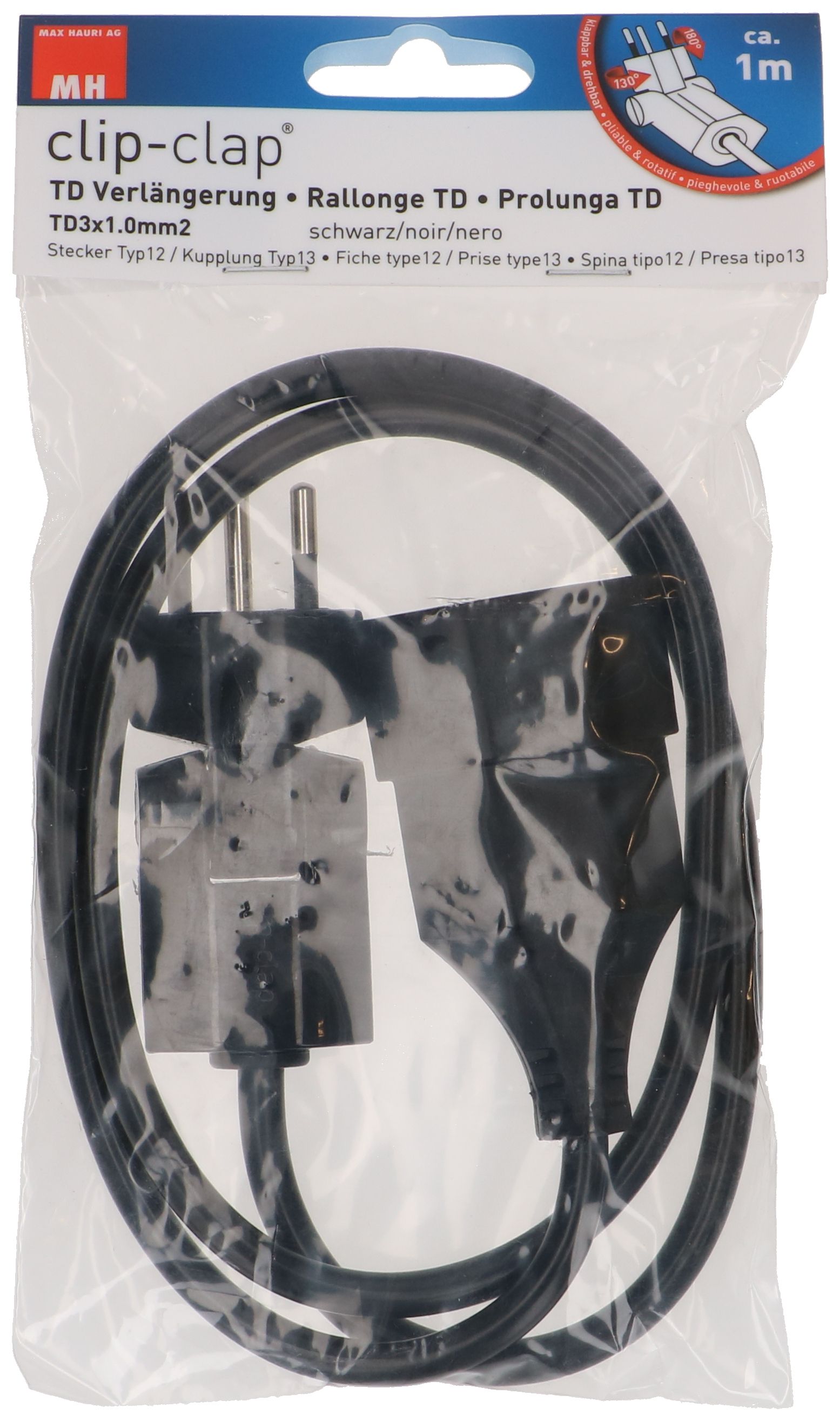 Rallonge TD H05VV-F3G1.0 1m noir clip-clap BS type 12 / type 13