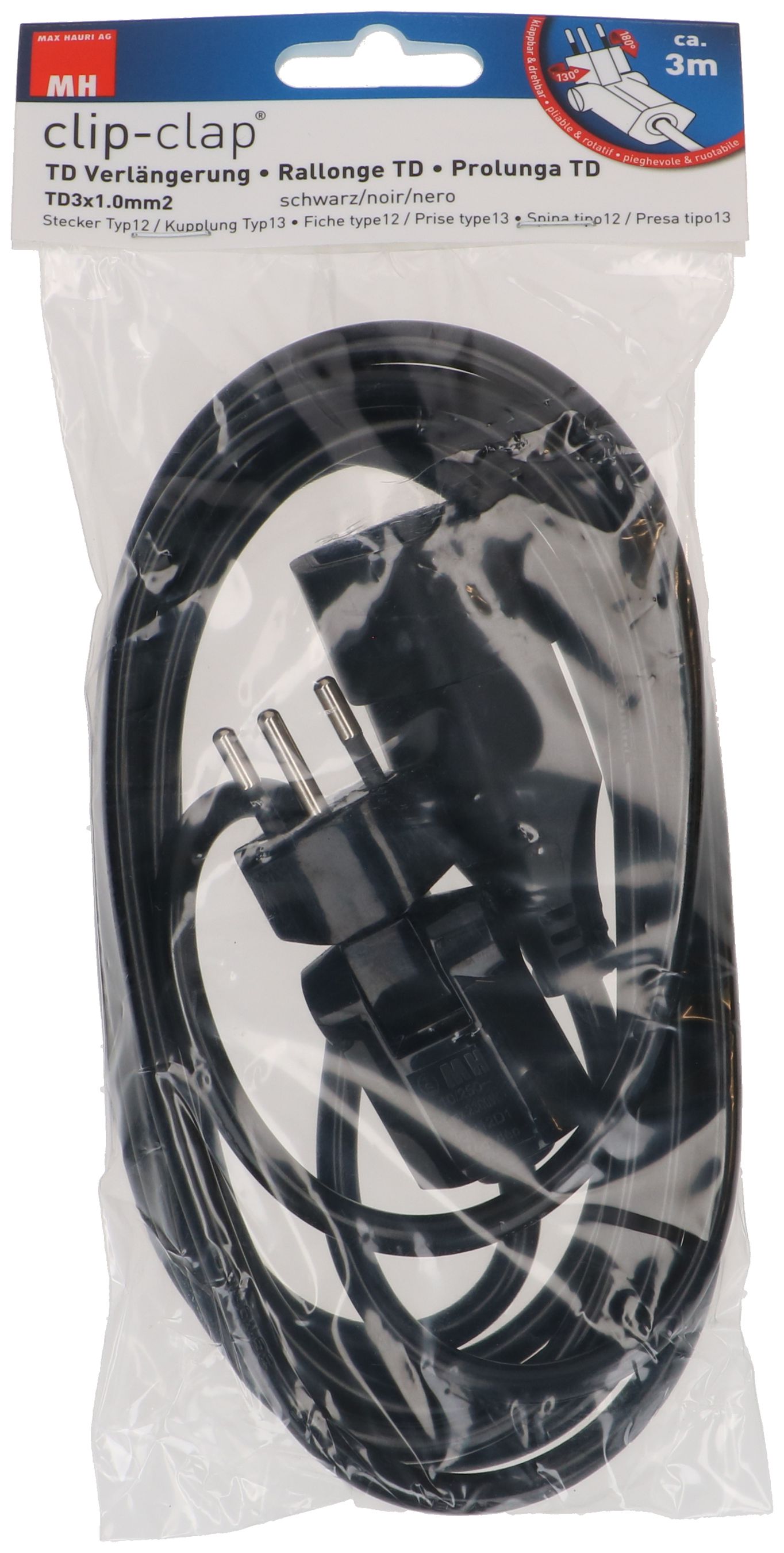 TD-Verlängerung H05VV-F3G1.0 3m sw clip-clap BS Typ 12 / Typ 13