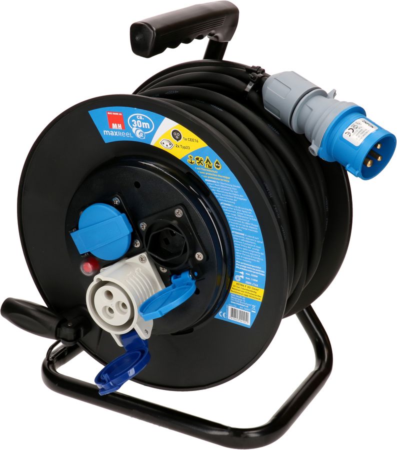 Kabelrolle IP44 2x Typ 23, 1x CEE16 -3 30m schwarz, blau