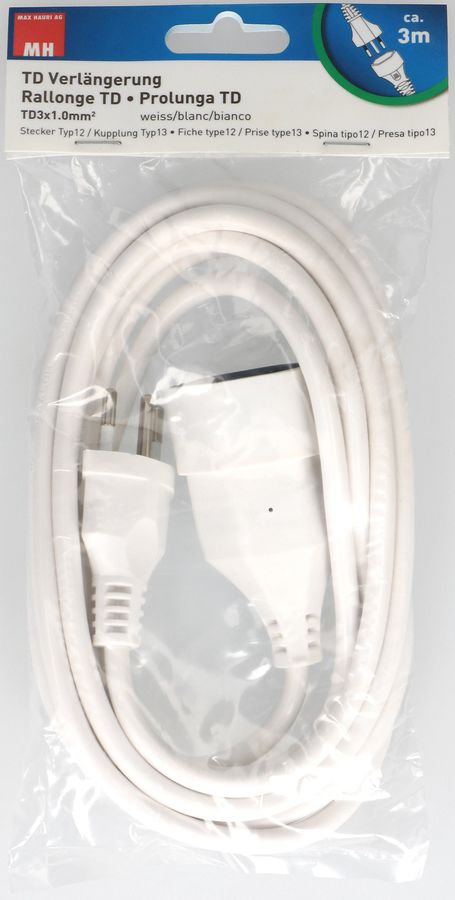 TD-Verlängerung H05VV-F3G1.0 3m weiss BS Typ 12 / Typ 13