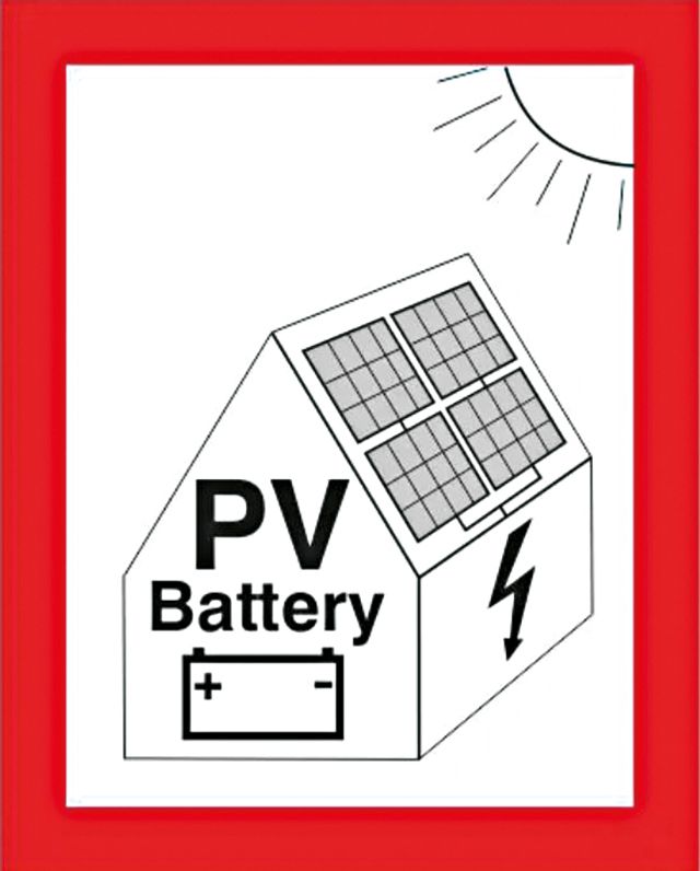 Brandschutzzeichen, Hinweis auf PV-Anlage mit Batteriespeicher, Aufkleber,  Folie, 105 x 148 mm, beim B2B Experten kaufen