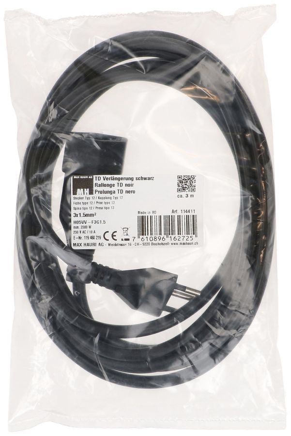 TD-Verlängerung H05VV-F3G1.5 3m schwarz Typ 12 / Typ 13