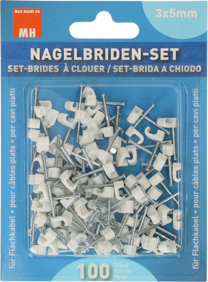 Nagelbriden-Set 3x5mm weiss für Flachkabel / 100 Stück