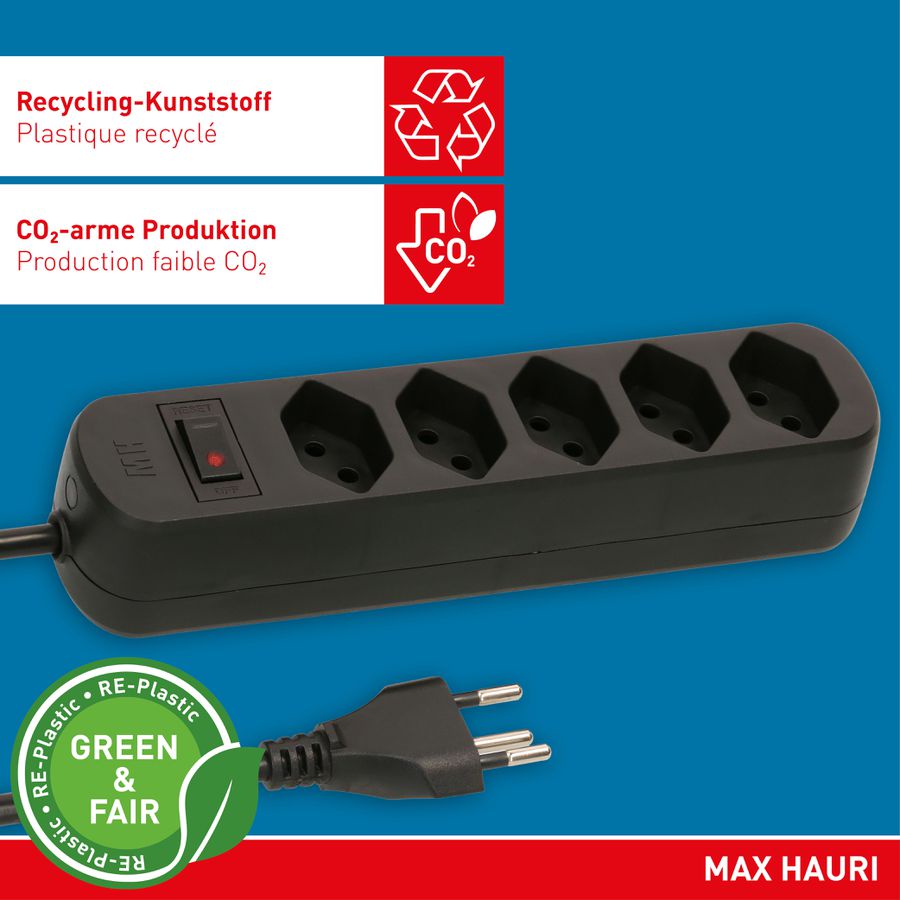 Steckdosenleiste Basic Line 5x Typ 13 sw Schalter 1.5m Green+Fair