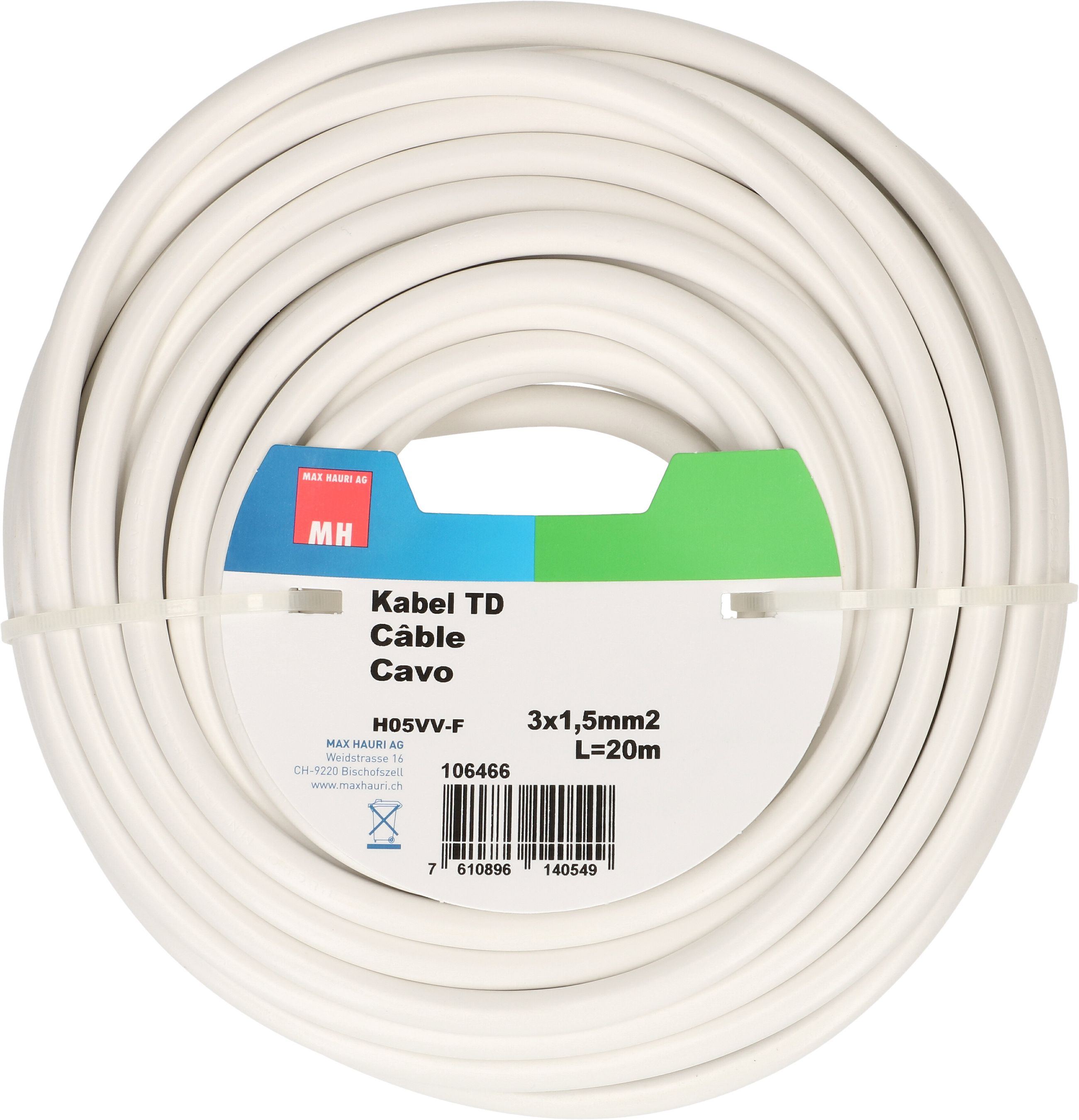 câble TD H05VV-F3G1.5 20m blanc