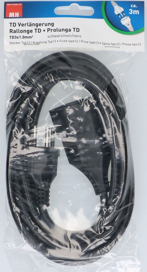 TD-Verlängerung H05VV-F3G1.0 3m schwarz BS Typ 12 / Typ 13