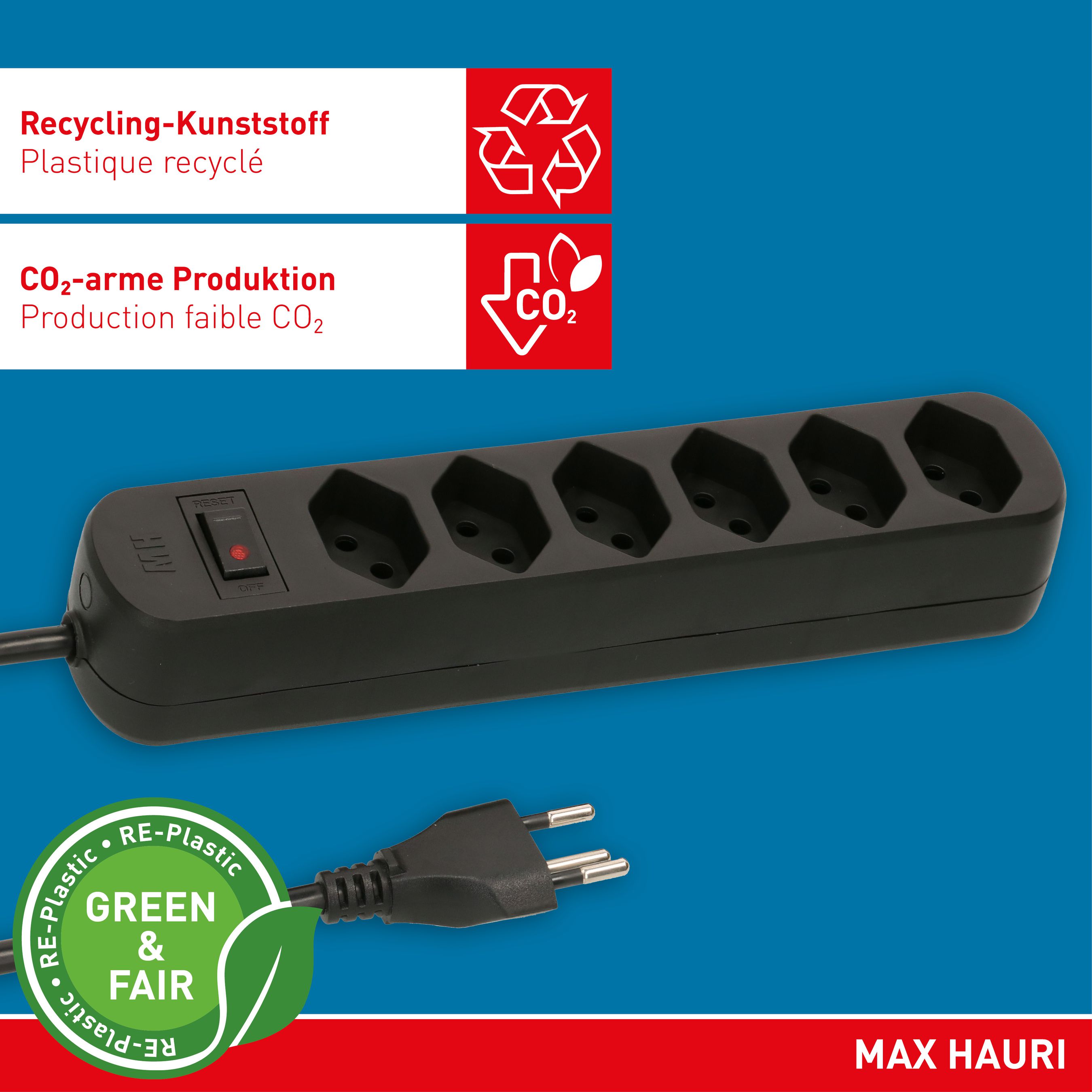 Steckdosenleiste Basic Line 6x Typ 13 sw Schalter 1.5m Green+Fair