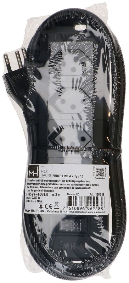 Steckdosenleiste Prime Line 4x Typ 13 schwarz Schalter 3m