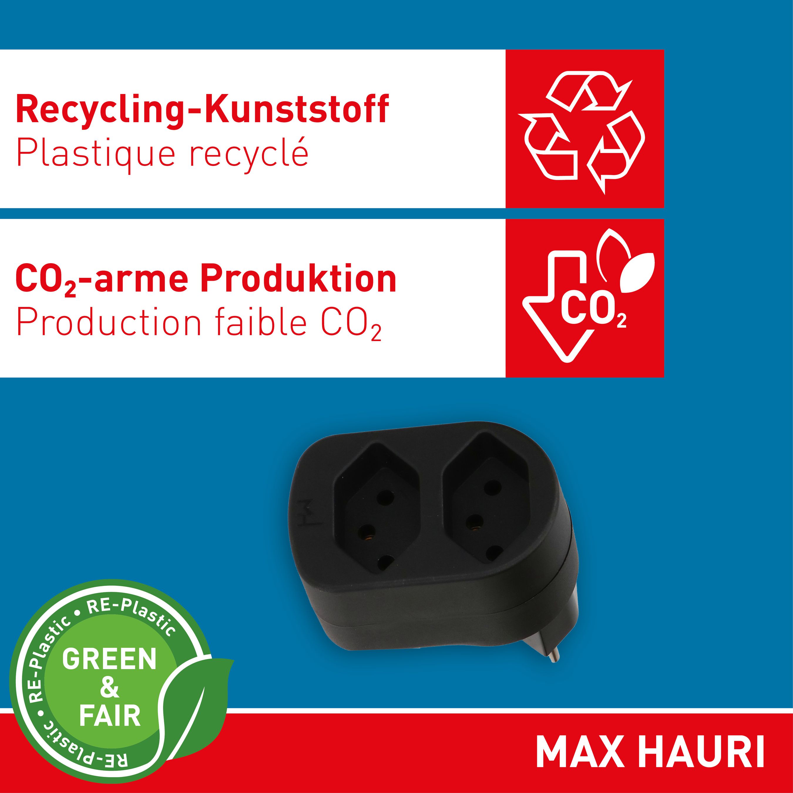 Abzweigstecker ADAPT 2x Typ 13 schwarz drehbar Green+Fair