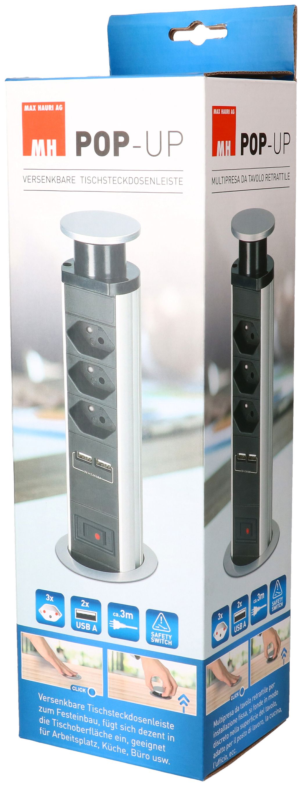 POP-UP Tischsteckdosenleiste / 3x Typ 13 mit BS / 2x USB A 2.4A