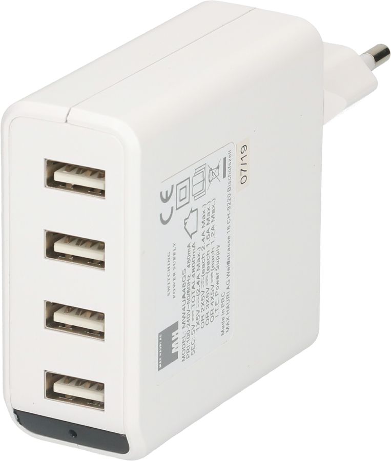 adaptateur de charge USB 4x USB-A 24W indicateur LED, blanc
