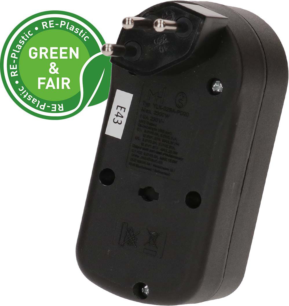 Abzweigstecker ADAPT 1x Typ 13 USB-C/C 20W sw drehbar Green+Fair