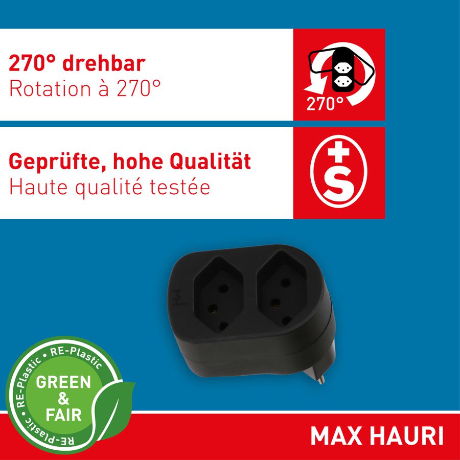 Abzweigstecker ADAPT 2x Typ 13 schwarz drehbar Green+Fair
