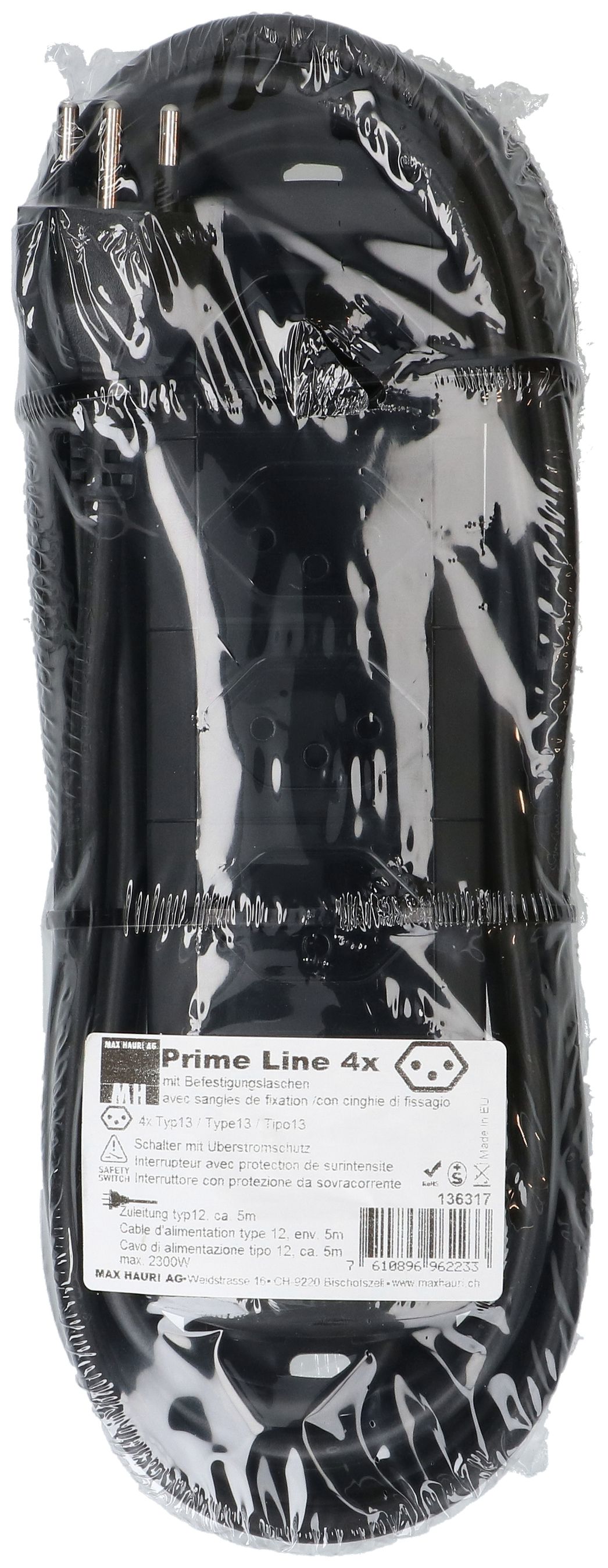 Steckdosenleiste Prime Line 4x Typ 13 schwarz Schalter 5m