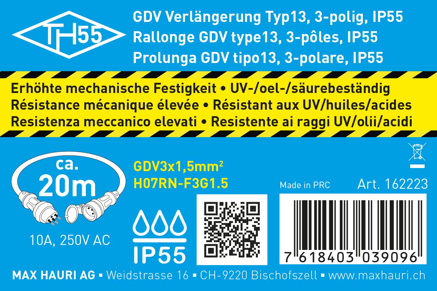 IP55-GDV-Verlängerung H07RN-F3G1.5 20m schwarz Typ 13 / Typ 13